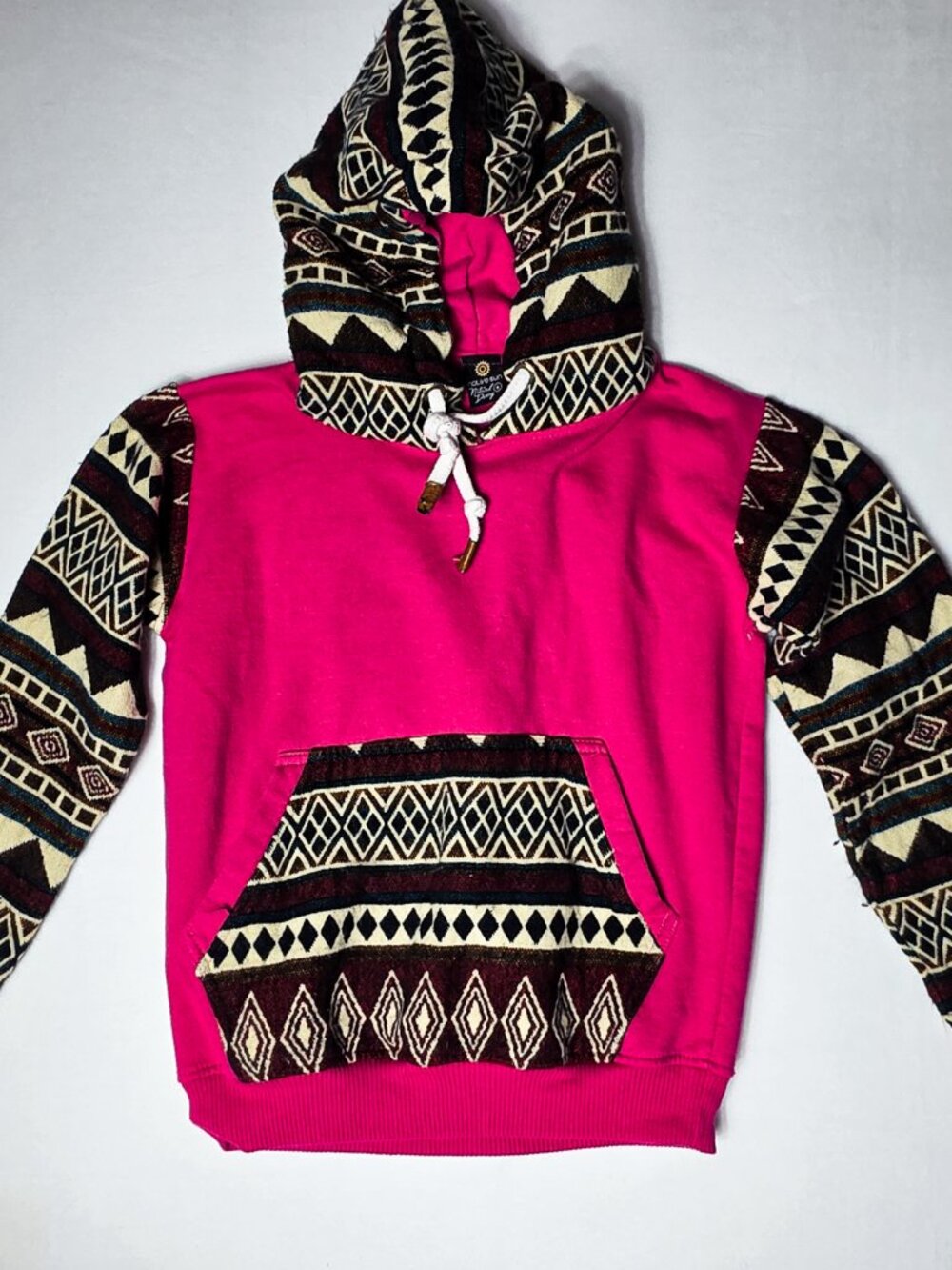 Native Sun Aztec Print Pullover Hoodie Kids Pink Black Geometric Tribal Pattern